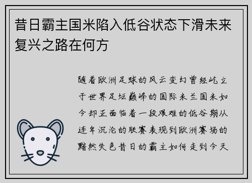 昔日霸主国米陷入低谷状态下滑未来复兴之路在何方